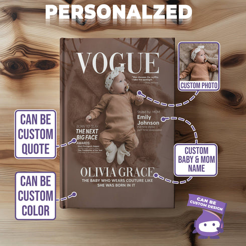 Personalized Baby Vogue Magazine Cover Notebook – Custom Name & Photo, Stylish Mom Gift